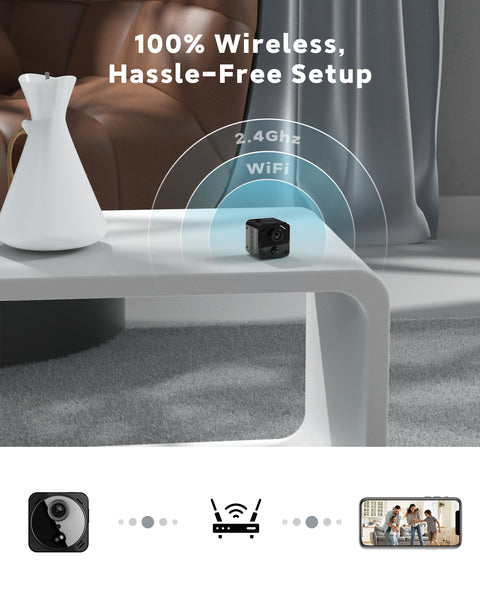 4K Mini Wireless Camera 2.4/5GHz WiFi Nanny Cam with Audio, Phone App, Long-lasting Battery Life, PIR Motion Sensor, Night Vision, Free Cloud Storage, 150° Wide Angle Viewing, AI Human Detection