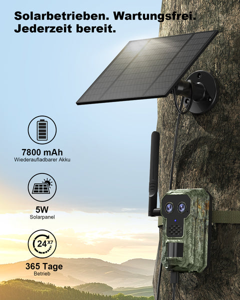 4G LTE Wildlife Camera with Mobile Phone Transmission App 2.5K Solar Wildlife Camera with eSIM , Night Vision, Motion Sensor, Wide Angle and Telephoto Lenses, 7800 mAh Battery, IP66
