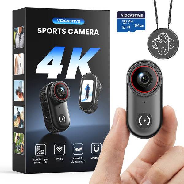 VIDCASTIVE L20 4K Mini Body Camera | Wearable POV Action Cam with Audio and Video Recording, 1.47" Screen, 150-Min Battery, Magnetic & Clip Mount – Thumb-Size Sports Camera for Work, Travel, Pets and More (64 GB)